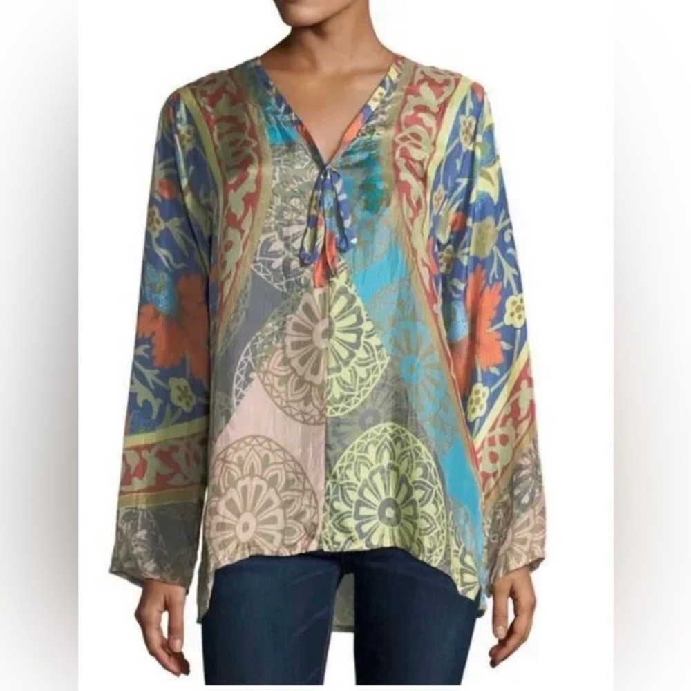 Johnny Was Multicolor Pippa Silk V Neck Long Sleeve Blouse Front Tie SZ XS Boho
